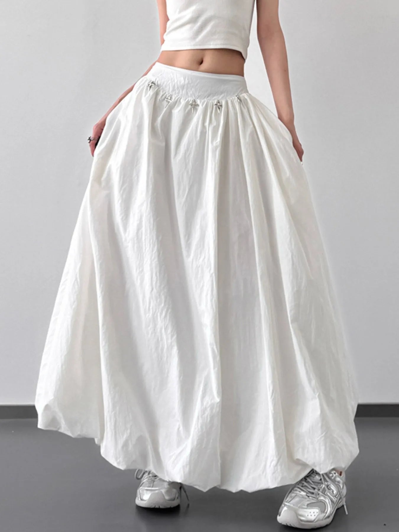 Elastic Waistband Bubble Maxi Skirt White