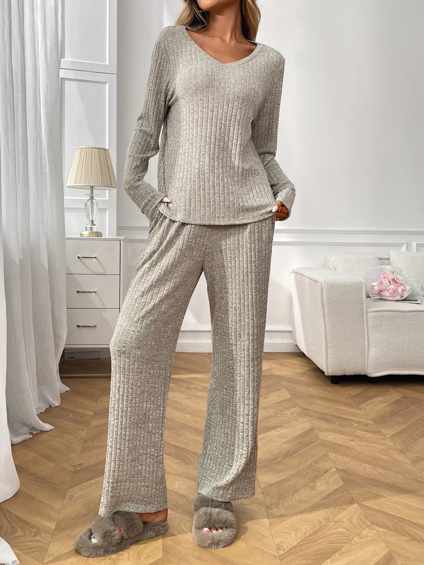 Ribbed Long Sleeve Top and Pants Lounge Set
