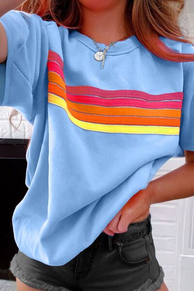 Striped Round Neck Short Sleeve T-Shirt Light Blue