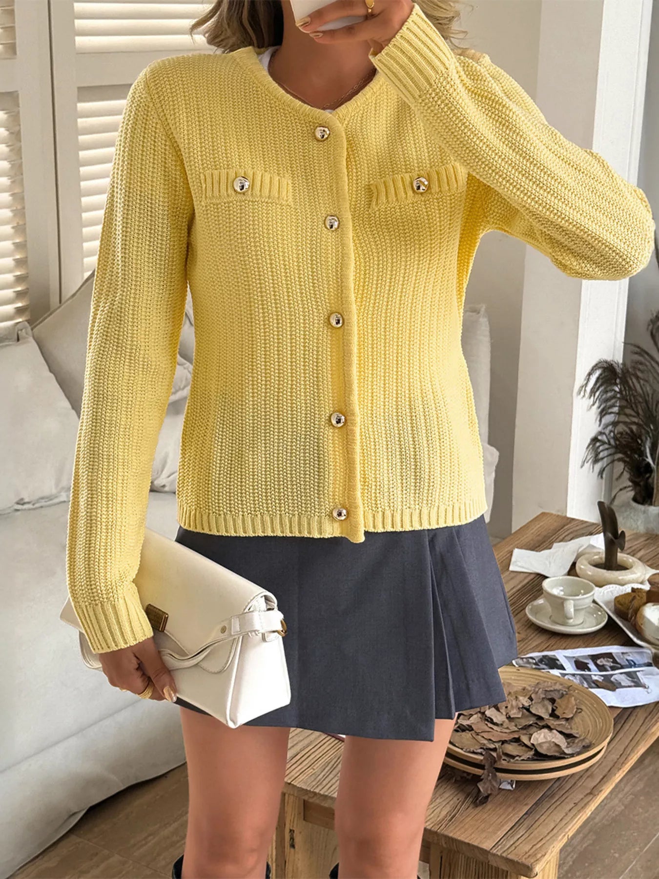Button-Front Ribbed Long Sleeve Cardigan Yellow