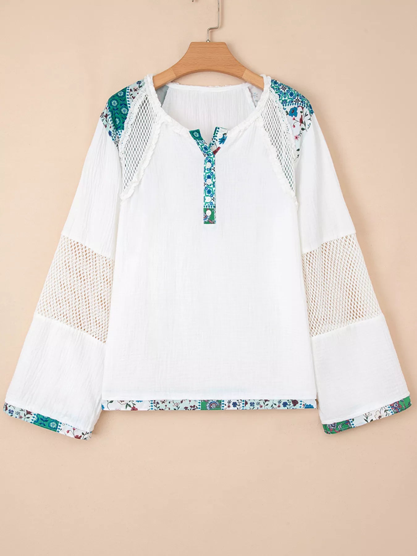 Mesh Patched Color Block Half Button Blouse