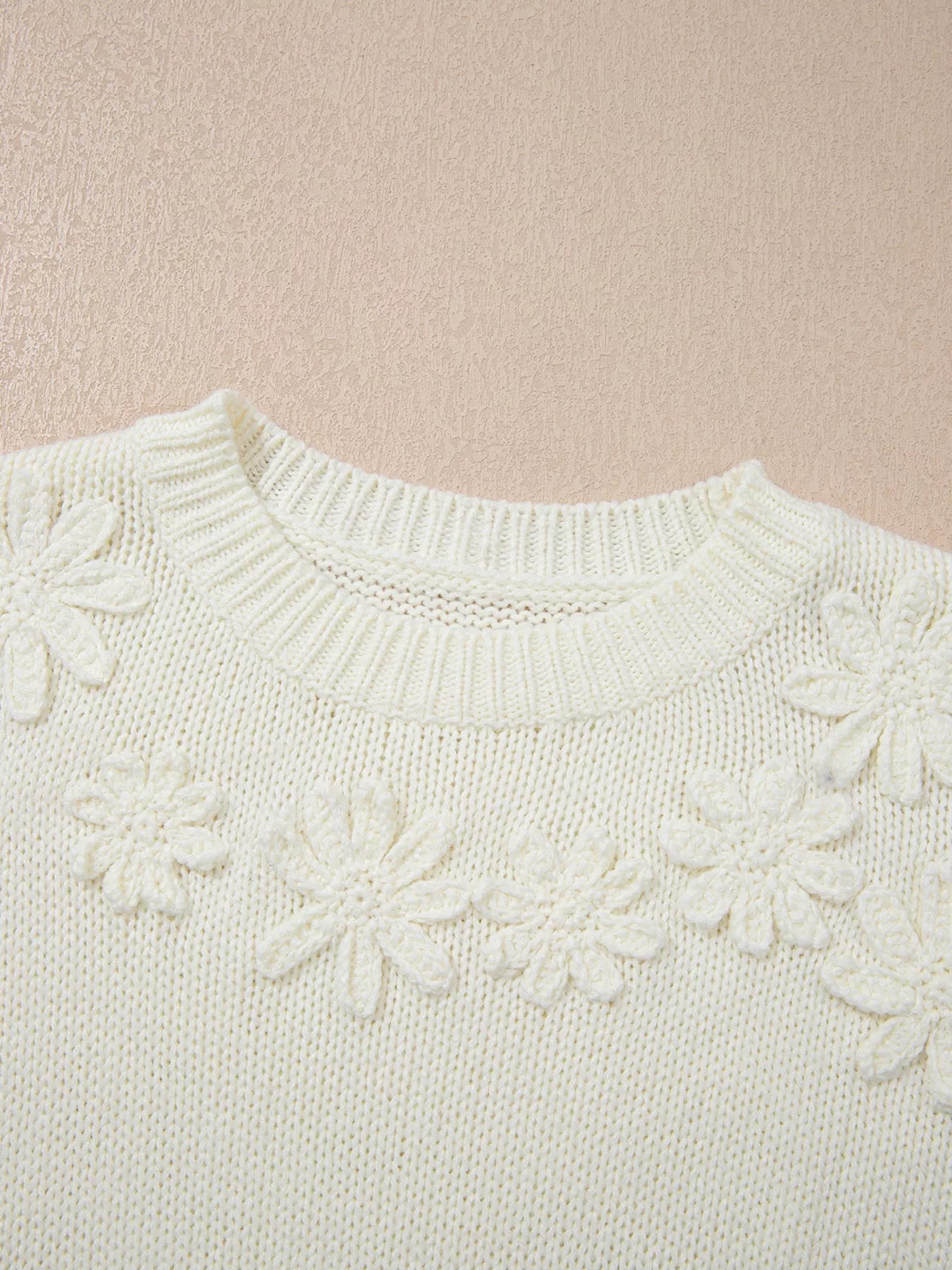 Flower Detail Round Neck Contrast Textured Puff Sleeve Sweater