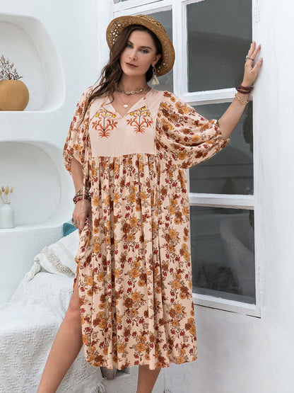 Back-to-School Plus Size Printed Tie-Neck Midi Dress