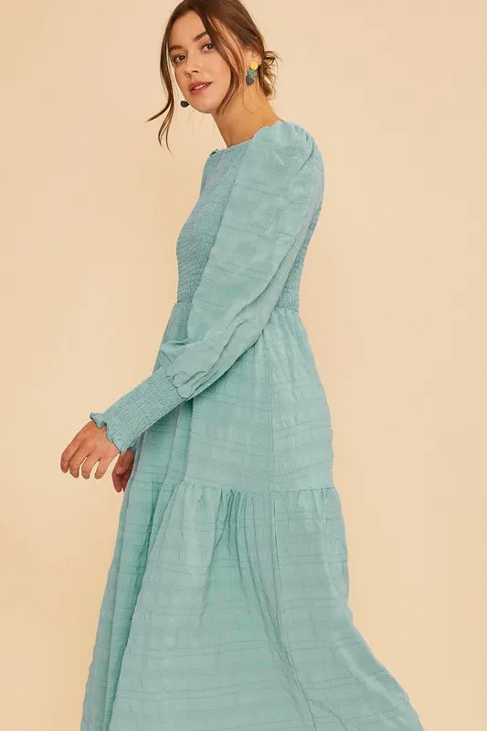 Annie Wear Textured Smocking Bodice Tiered Midi Dress