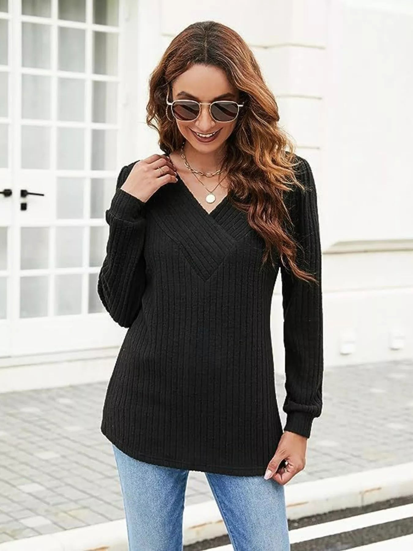 V-Neck Ribbed Long Sleeve Knit Top