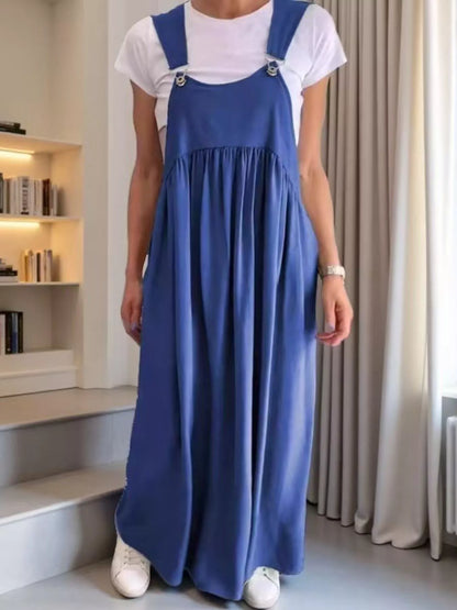 Full Size Ruched Wide Strap Overall Maxi Dress Plus Size Blue