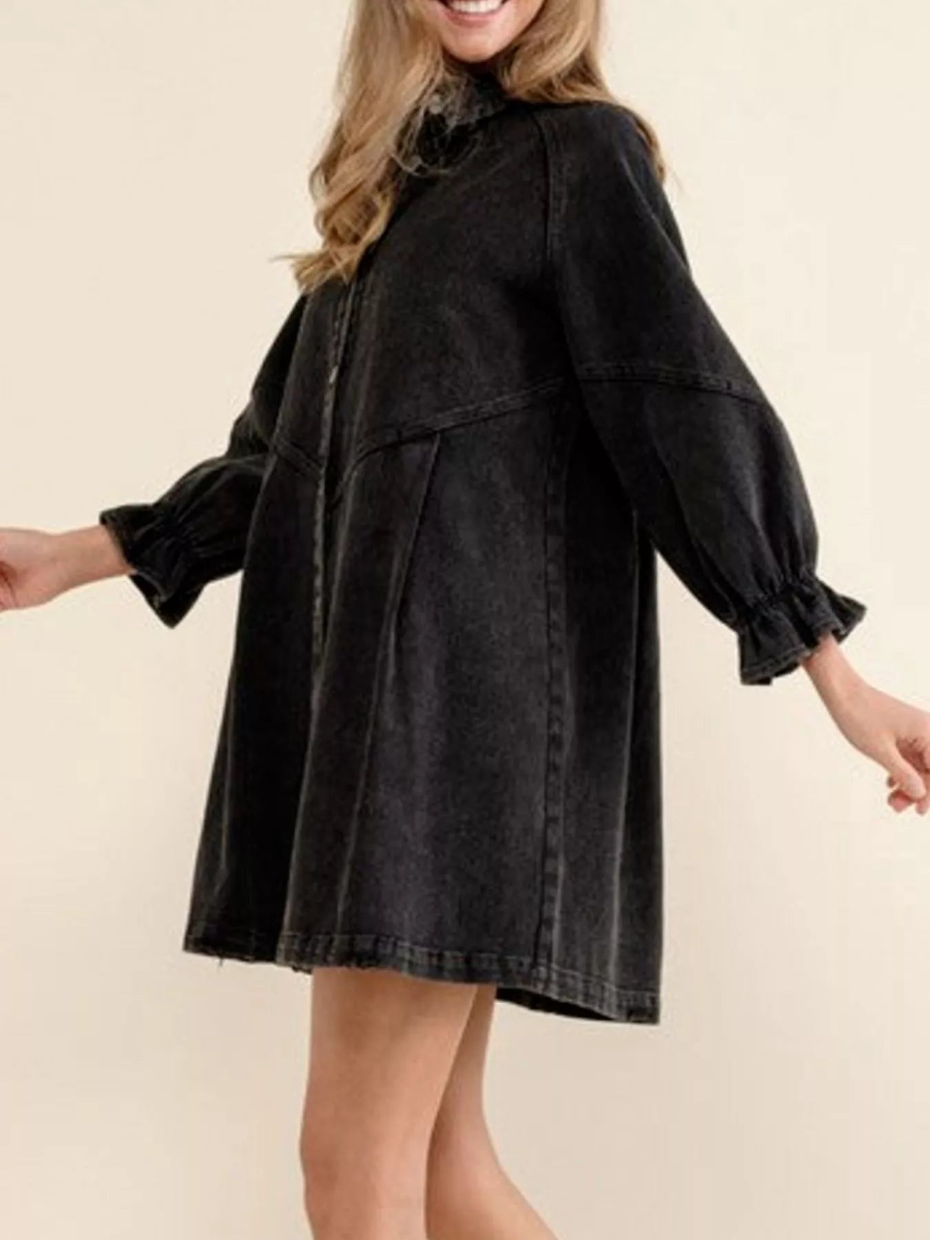 Ruffled Cuff Button-Down Denim Dress