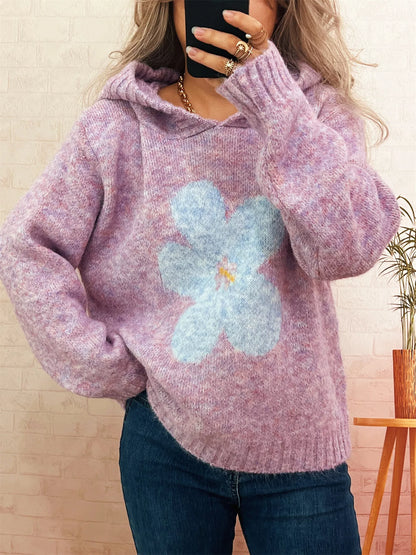 Flower Long Sleeve Hooded Sweater Purple One Size