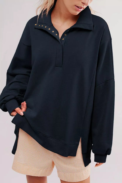 uttoned Collared Raw Detail High Low Baggy Sweatshirt with Slits Dark Navy