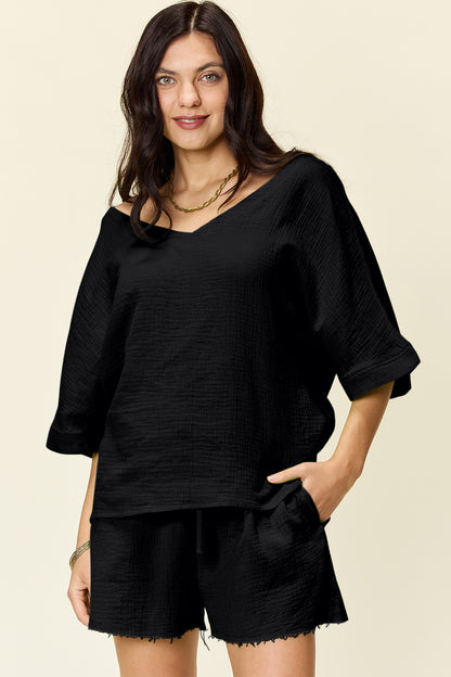 Textured Cotton T-Shirt and Drawstring Shorts Set Black