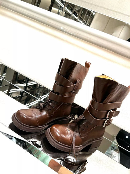 Buckled Leather Block Heel Boots