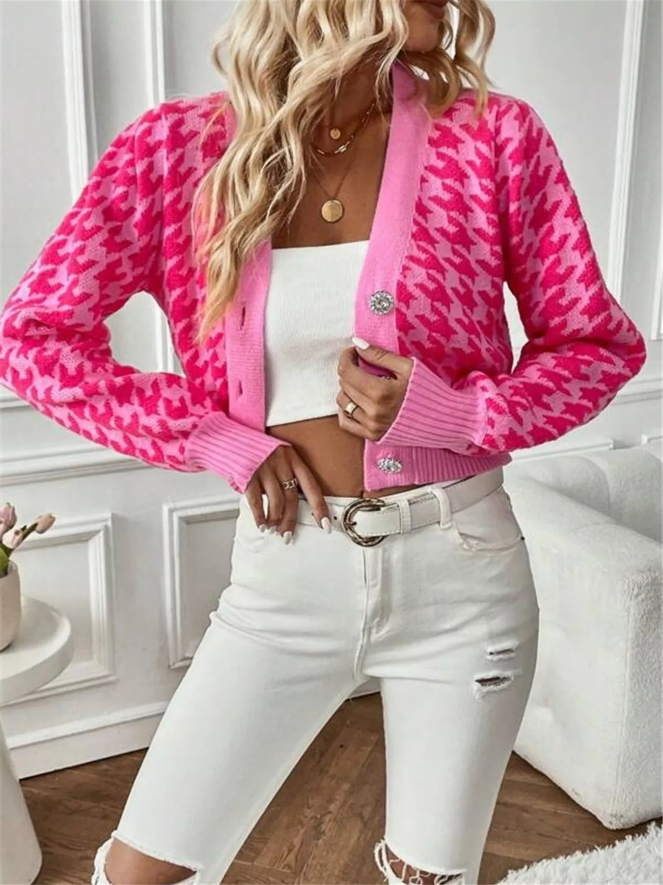 Houndstooth V-Neck Button Up Cardigan Hot Pink