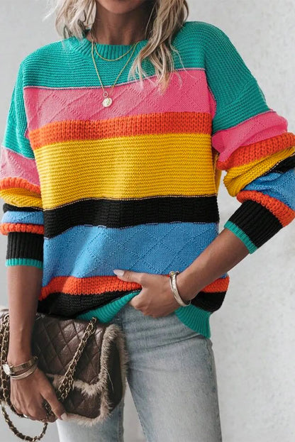 Contrast Round Neck Dropped Shoulder Sweater Turquoise