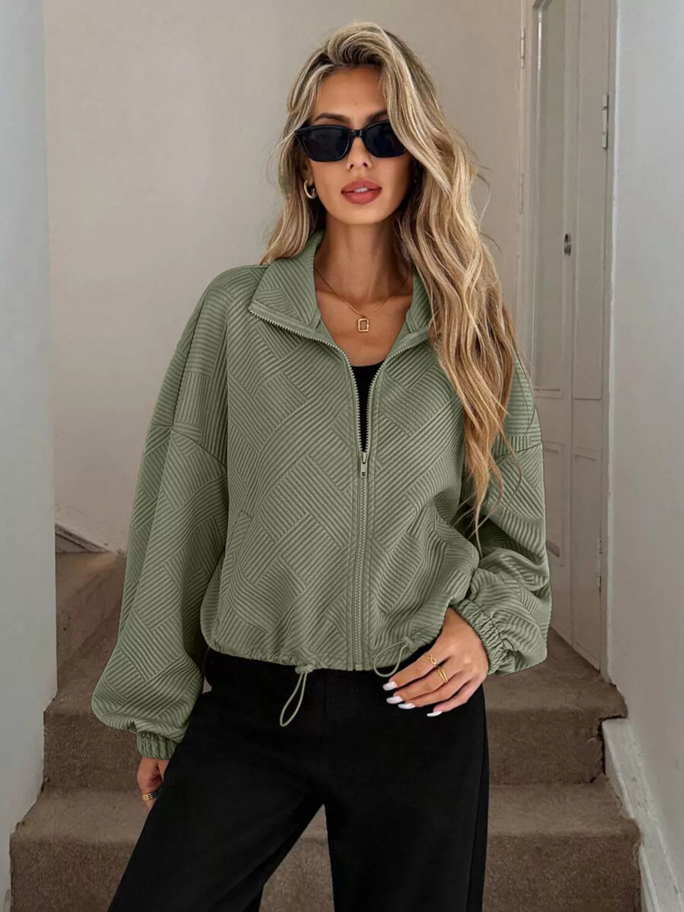 Drawstring Hem Textured Long Sleeve Jacket Army Green