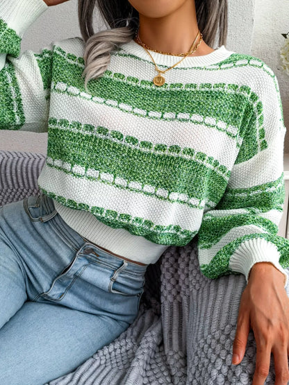 Color Block Round Neck Cropped Sweater Matcha Green