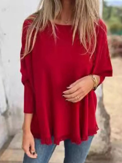 Full Size Round Neck Long Sleeve Knit Top with Lace Trim Plus Size Red