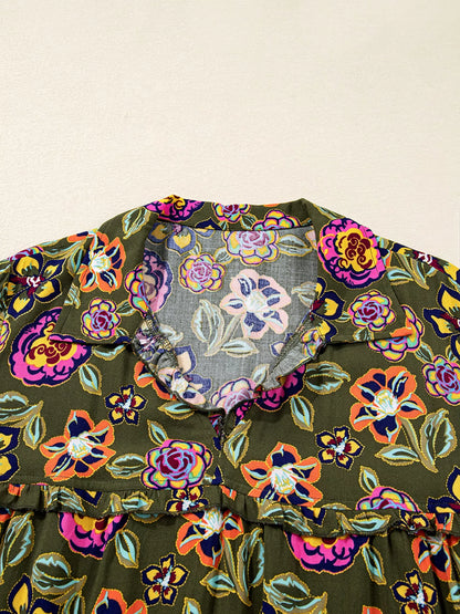 Floral Print Split Neck Bubble Sleeve Shift Mini Dress