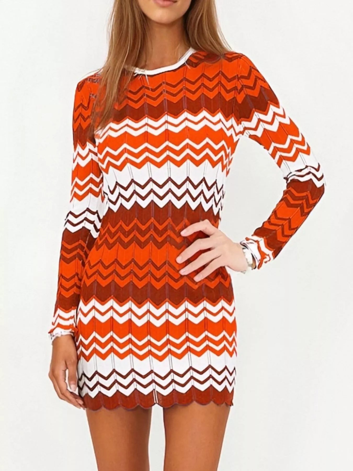Openwork Wave Pattern Long Sleeve Sweater Dress
