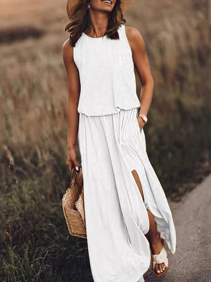 Full Size Round Neck Sleeveless Slit Maxi Dress Plus Size White