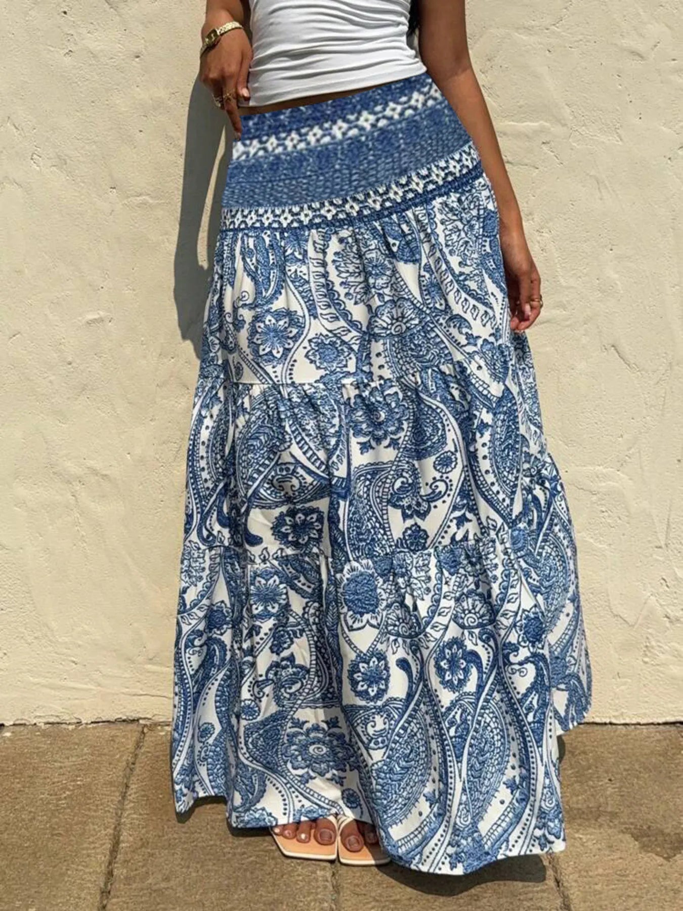 Printed Tiered Maxi Skirt Dusty Blue