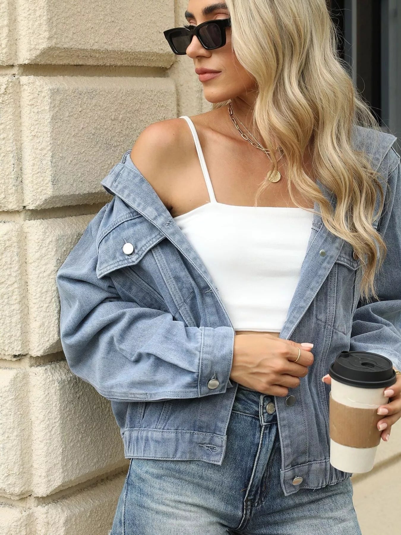 Washed Button Up Hooded Denim Jacket Blue