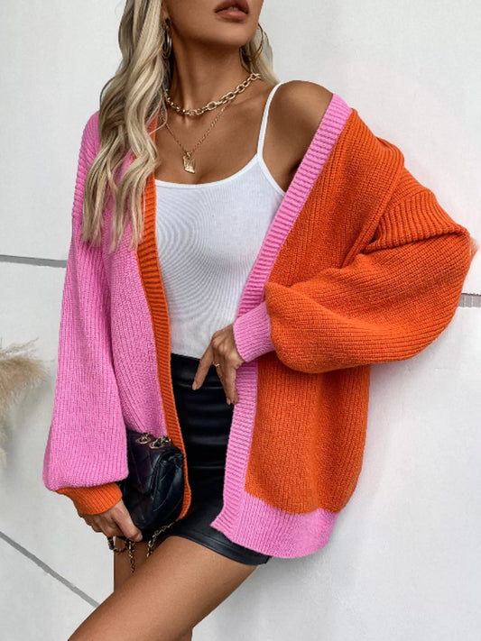 Color Block Open Front Knit Cardigan