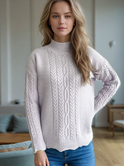 Cable-Knit Mock Neck Dropped Shoulder Sweater Pink Purple One Size