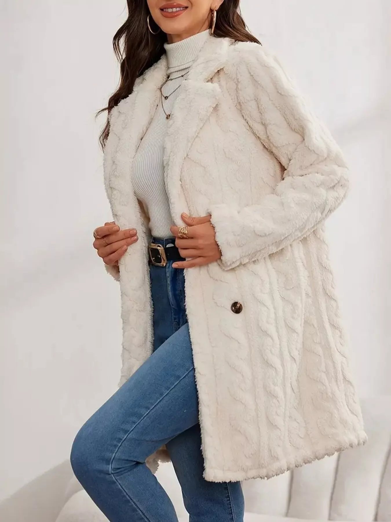 Double-Breasted Fleece Longline Coat Apricot