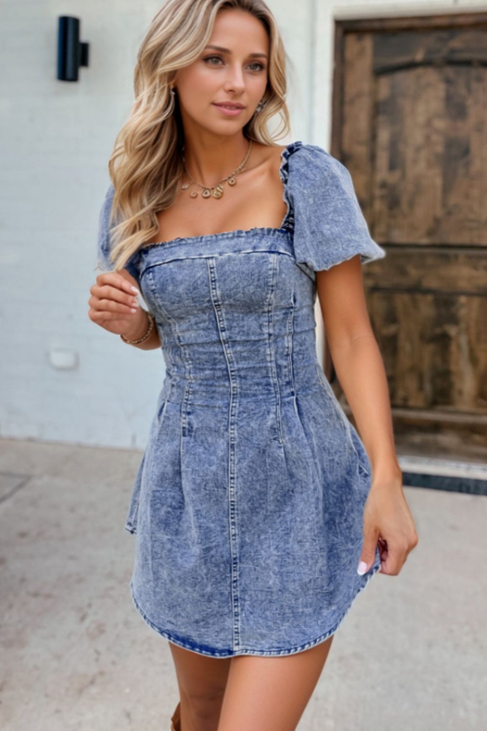 Tie Back Square Neck Puff Sleeve Denim Dress Medium