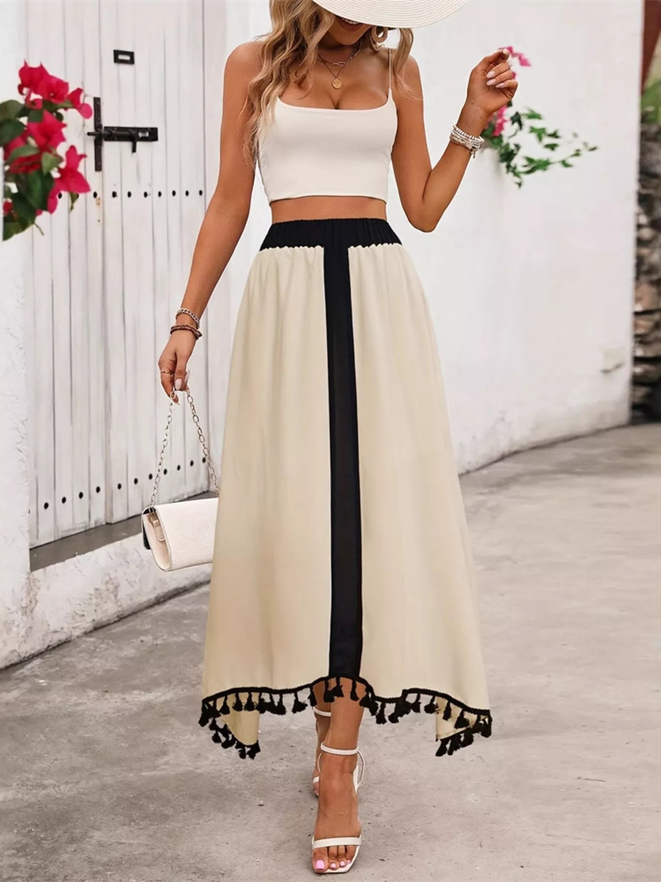 Tassel Trim High Waist Skirt Cream