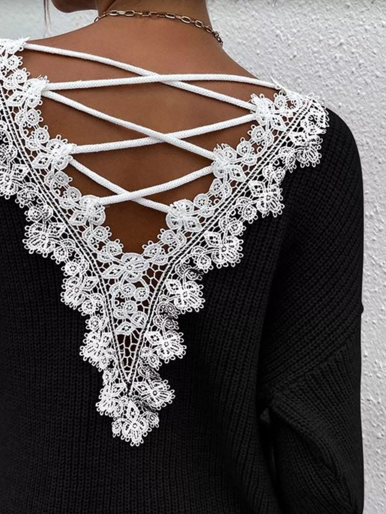 Lace-Trimmed Back V-Neck Sweater