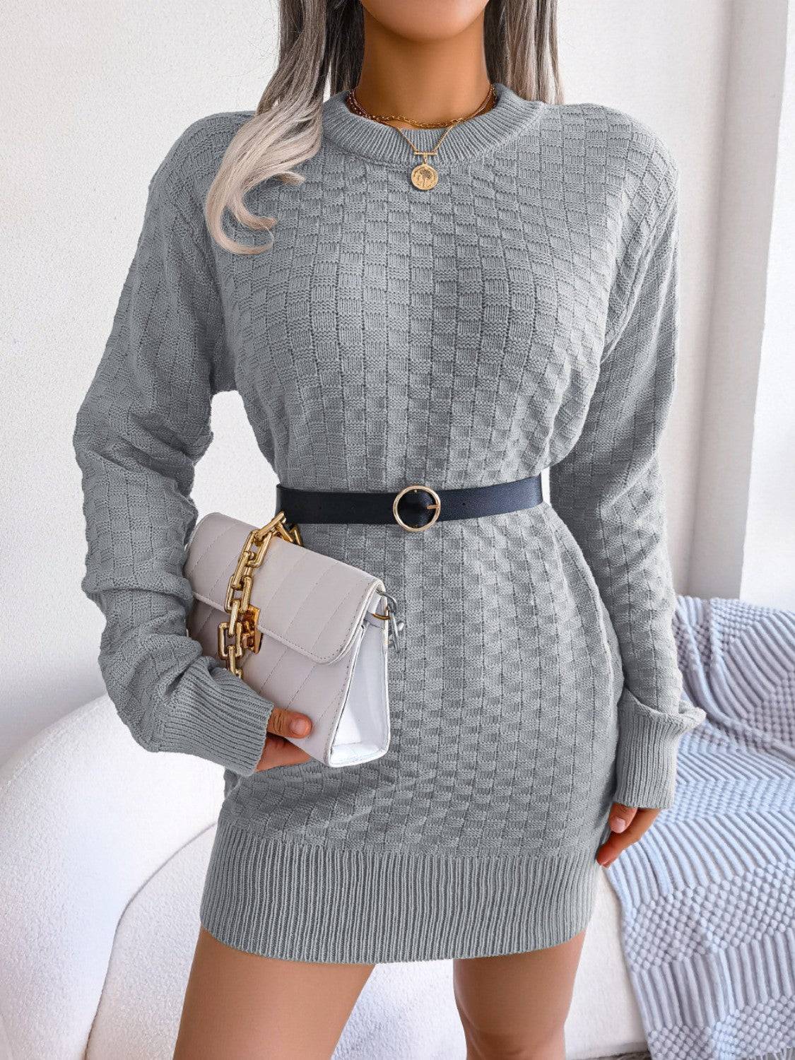 Round Neck Long Sleeve Mini Sweater Dress Gray
