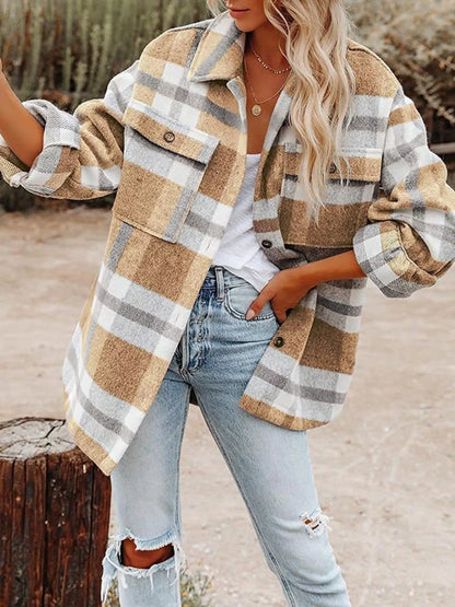 Plaid Button-Down Long Sleeve Jacket Khaki