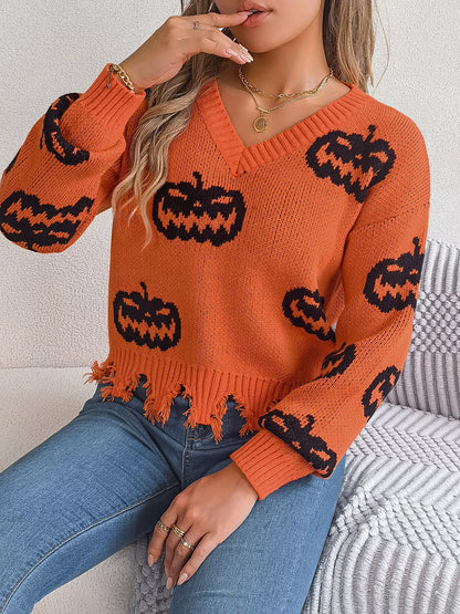 Halloween Pumpkin Pattern Raw Hem V-Neck Sweater