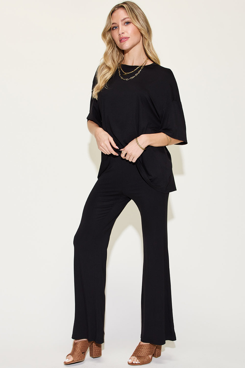 Comfy Bamboo Drop Shoulder Tee & Flare Pants Set Black