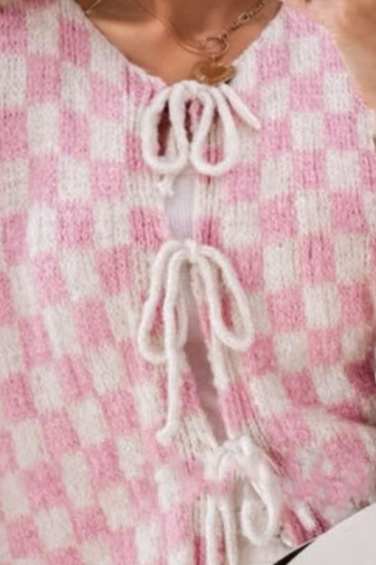 Back To School Sweater - Double Take Tied Checkered Dropped Shoulder Flounce Sleeve Cardigan