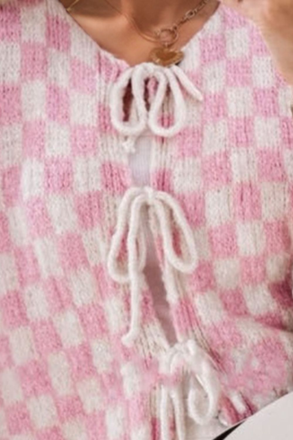 Back To School Sweater - Double Take Tied Checkered Dropped Shoulder Flounce Sleeve Cardigan