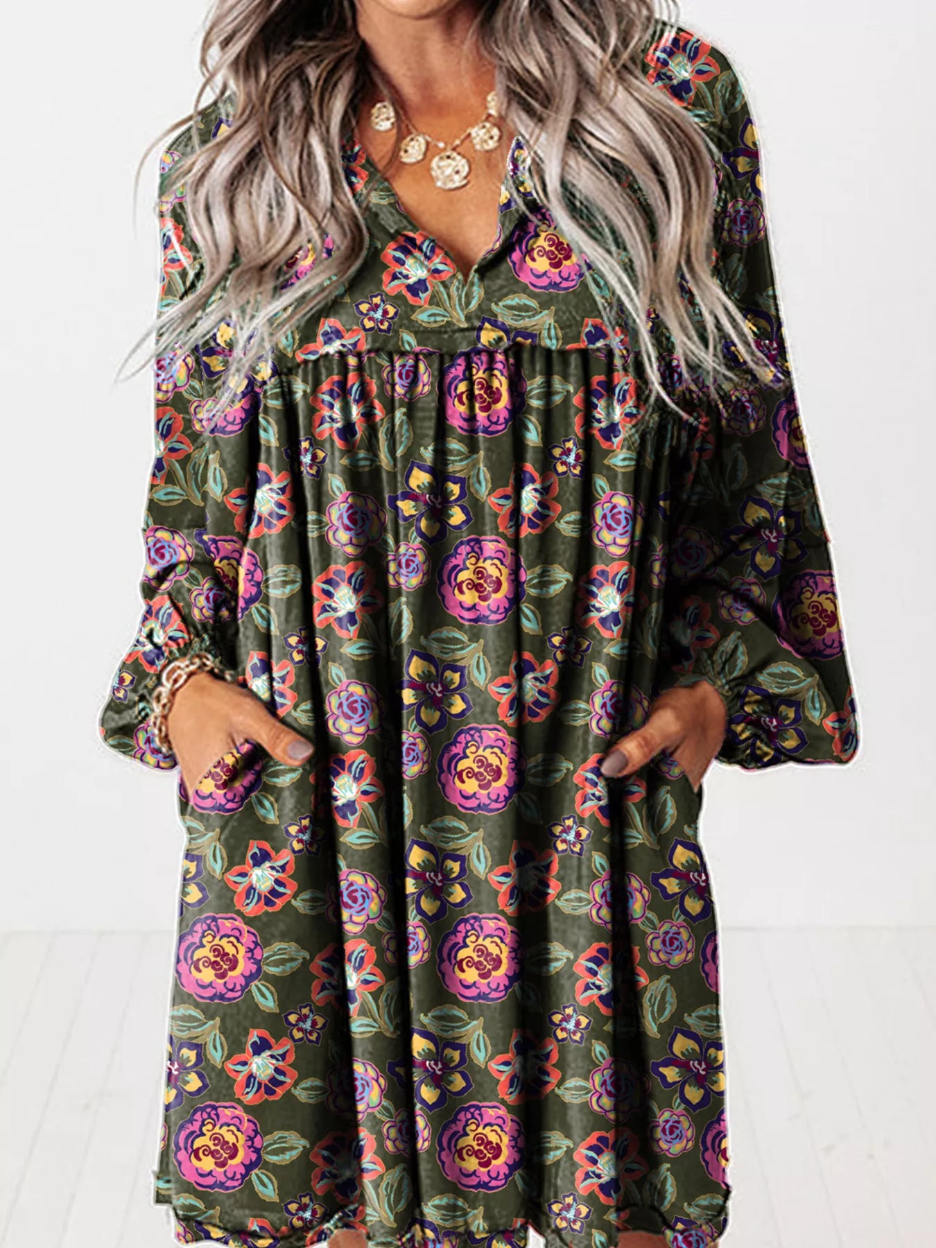 Floral Print Split Neck Bubble Sleeve Shift Mini Dress Floral