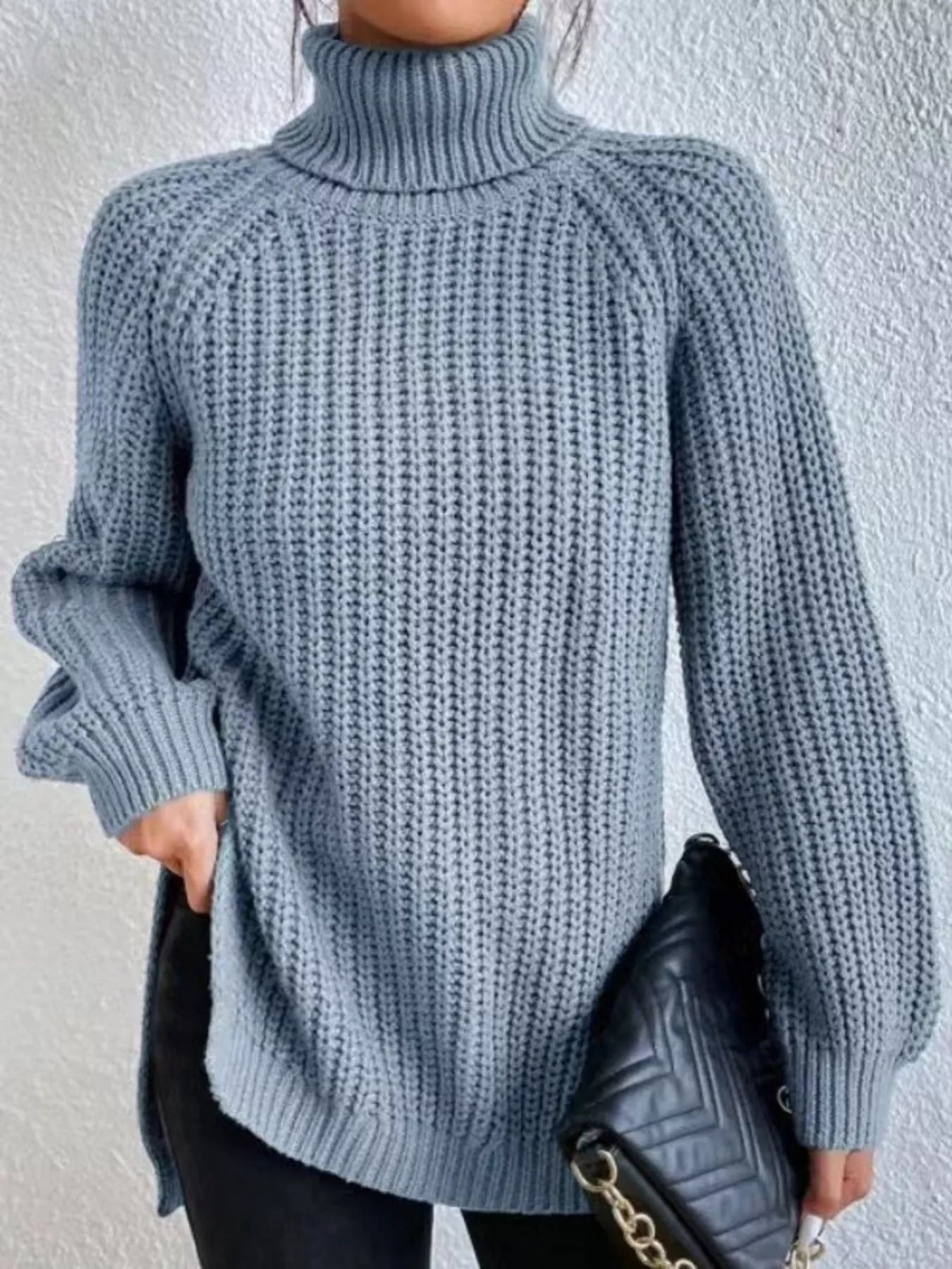Full Size Turtleneck Long Sleeve Sweater Plus Size Light Blue