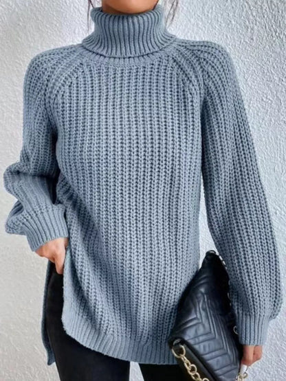 Full Size Turtleneck Long Sleeve Sweater Plus Size Light Blue