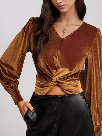 Twisted V-Neck Long Sleeve Blouse Brown