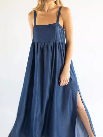 Full Size Square Neck Cami Dress with Side Slit Plus Size Navy