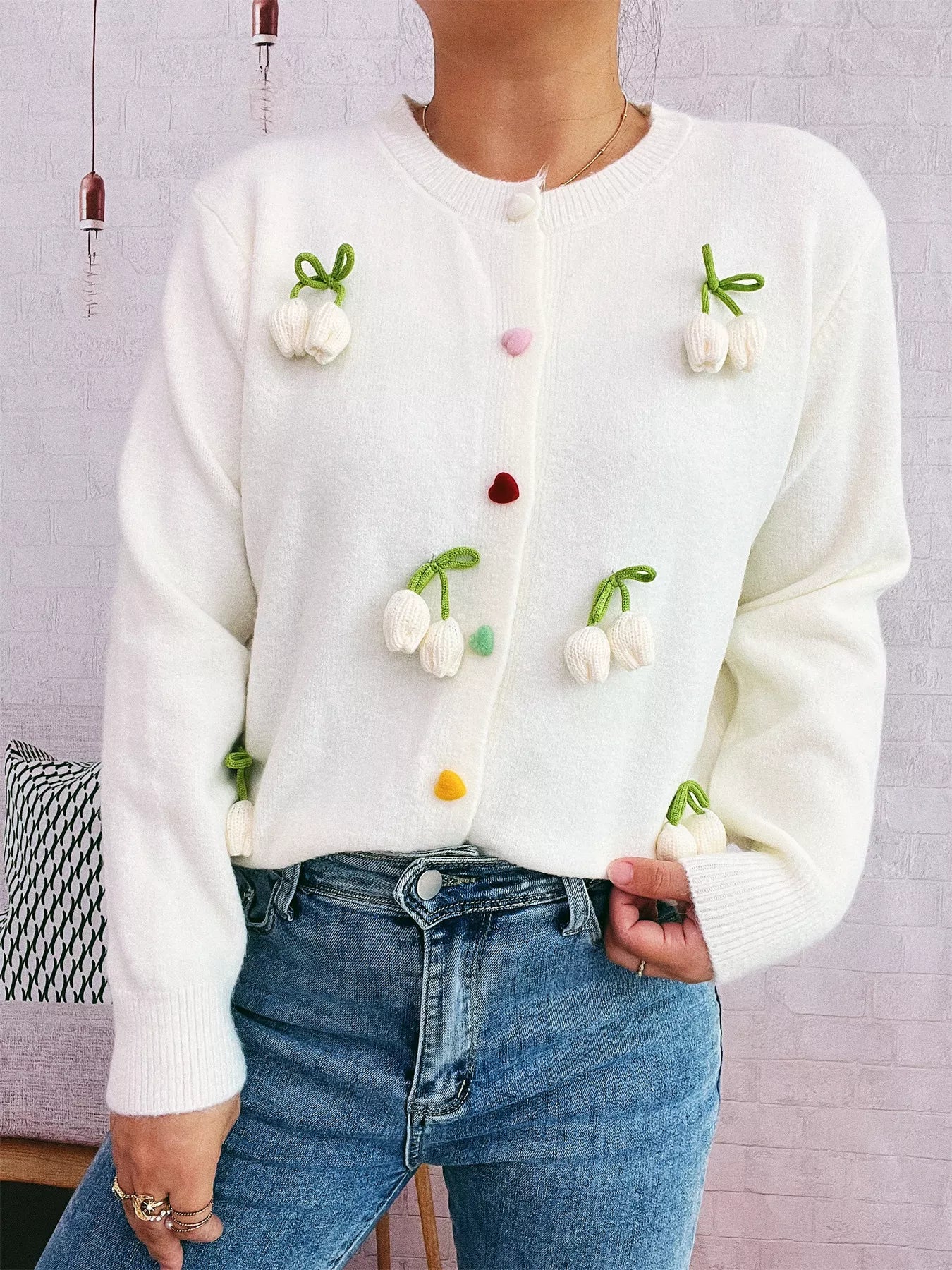 Flower Button Up Long Sleeve Cardigan White One Size