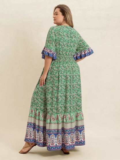 Plus Size Floral Print Smocked Waist Maxi Dress