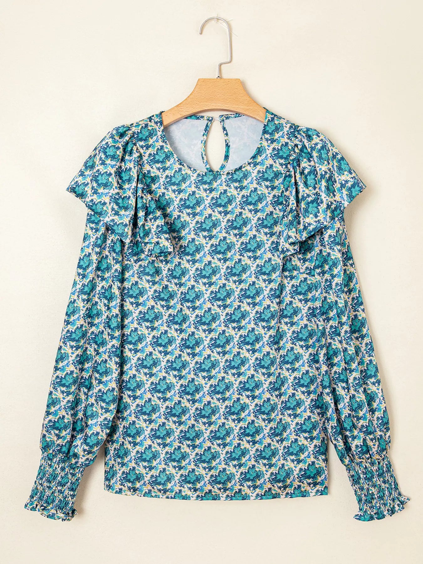 Abstract Print Shirred Cuff Ruffled Puff Sleeve Blouse