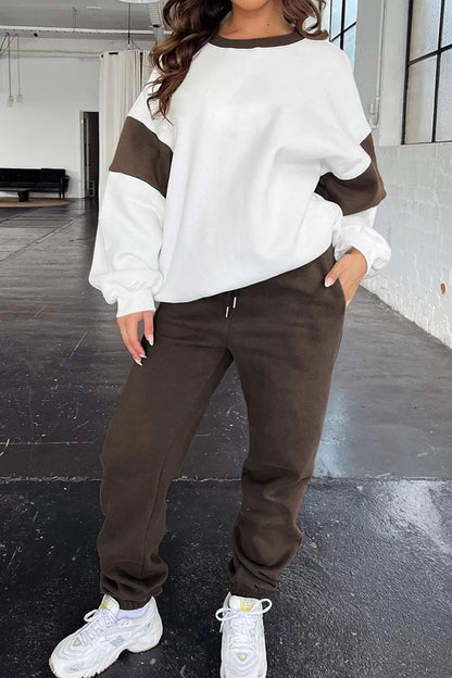 Drop Shoulder Loose Sweatshirt and Joggers Active Set Chocolate