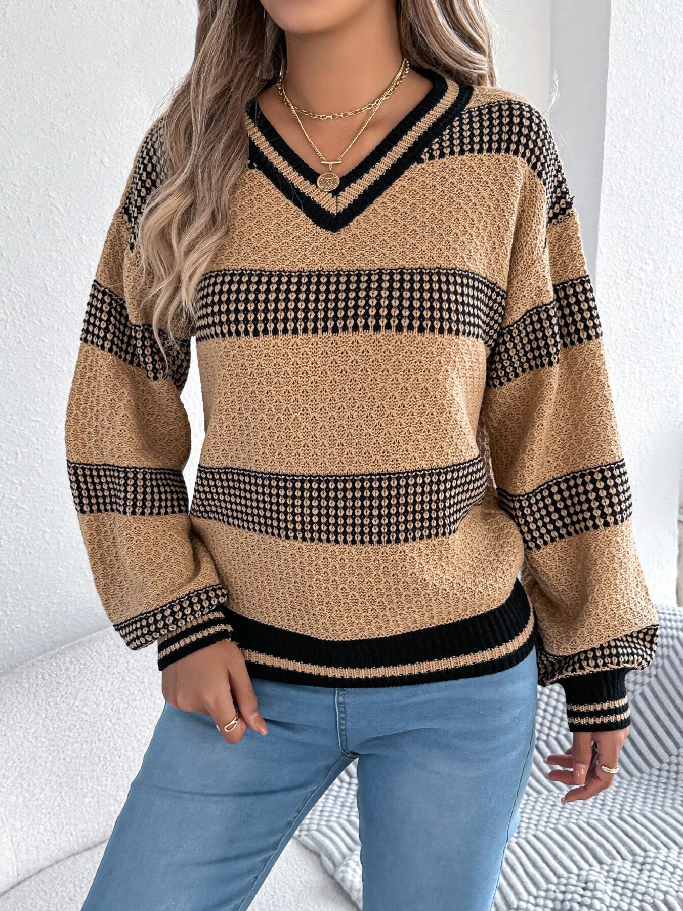 Contrast Striped V-Neck Sweater