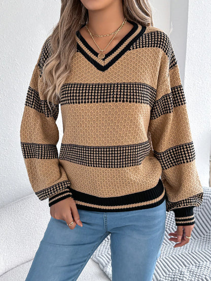 Contrast Striped V-Neck Sweater