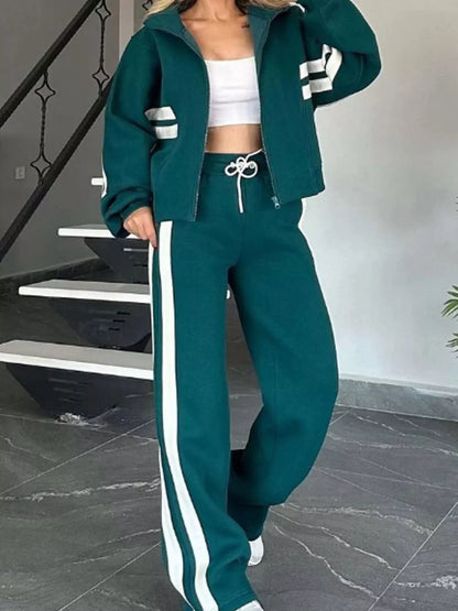 Full Size Contrast Stripe Zip Up Jacket and Pants Set Plus Size Green