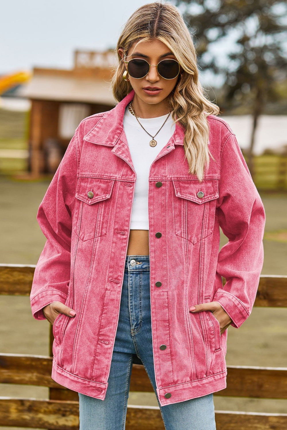 Buttoned Collared Neck Denim Jacket with Pockets Coral
